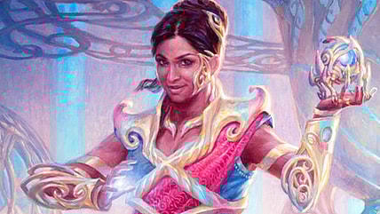 Saheeli Rai prepares for battle via Card #44, Magic: The Gathering - Commander (2018), Wizards of the Coast. Art by Ryan Pancoast.