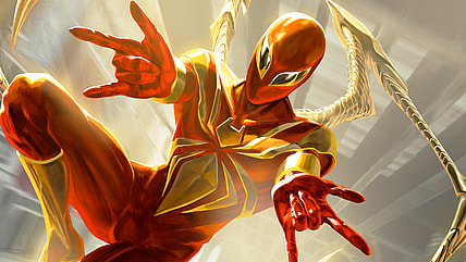 Peter Parker gets a red-and-gold refresh via Iron Spider, Stark Upgrade (Card #279), Magic: The Gathering - Marvel's Spider-Man (2025), Wizards of the Coast. Art by Kevin Glint.