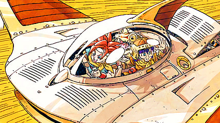 Chrono, Lucca, and Frog fly through time in Akira Toriyama's key art for Chrono Trigger (1995), Square