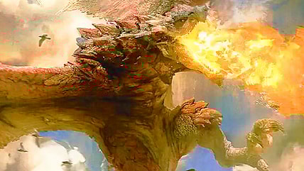 Rathalos makes his presence known via Rathalos, King of the Skies (Card #2237, Magic: The Gathering Secret Lair Drop - Monster Hunter: The Monsters (Canceled), Wizards of the Coast. Art by Brock Grossman.