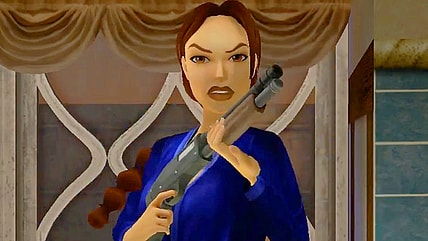 Lara Croft (Judith Gibbins) respectfully asks for some privacy during the bonus 'Home Sweet Home' cutscene in Tomb Raider II Remastered (2024), Aspyr