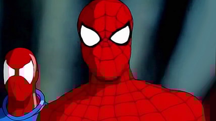 Peter Parker (Christopher Daniel Barnes) and Ben Reilly (Christopher Daniel Barnes) are surprised to find themselves suddenly returned to Madame Web's (Joan Lee) lair in Spider-Man: The Animated Series Season 5 Episode 13 "Farewell, Spider-Man" (1995), Marvel Entertainment