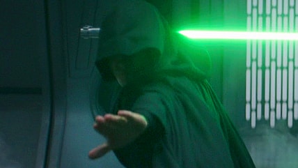 Luke Skywalker (Mark Hamill) Force Pushes a Dark Trooper out of his way in The Mandalorian Season 2 Episode 8 "Chapter 16: The Rescue" (2020), Disney/Lucasfilm