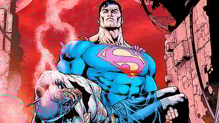 Superman discovers Batman's Anti-Life burned corpse in Final Crisis Vol. 1 #6 "How to Murder the Earth" (2009), DC. Words by Grant Morrison, Art by Doug Mahnke,, Marco Rudy, Alex Sinclair, and Pete Pantazis.