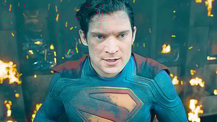 Superman (David Corenswet) tanks a laser blast to the face from the Hammer of Boravia (TBA) in Superman (2025), DC Studios