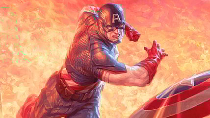 The Star-Spangled Avenger unleashes the Stars and Stripes via Captain America, First Avenger (Card #1726), Magic: The Gathering Secret Lair Drop - Marvel's Captain America (2024), Wizards of the Coast. Art by Ryan Pancoast.