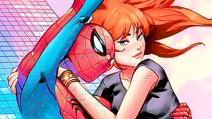 Peter Parker and Mary-Jane Watson take a swing through the Manhattan skyline on Anand Ramcheron's variant cover to Ultimate Spider-Man Vol. 3 #9 (2024), Marvel Comics