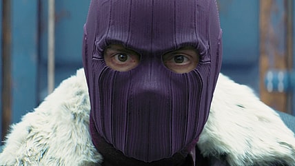 Zemo (Daniel Brühl) checks in on Bucky (Sebastian Sam), Sam (Anthony Mackie), and Sharon Carter (Emily VanCamp) in The Falcon and The Winter Soldier Season 1 Episode 3 "Power Broker" (2021), Marvel Entertainment