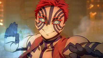 Akaza (Akira Ishida/Lucien Dodge) toys with Tanjiro (Natsuki Hanae/Zach Aguilar) and Giyu (Takahiro Sakurai/Johnny Yong Bosch) in Demon Slayer: Kimetsu no Yaiba – The Movie: Infinity Castle (2025), ufotable