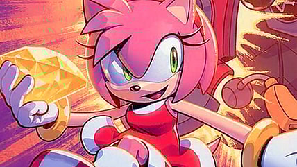 Amy Rose wins back a Chaos Emerald via Amy Rose (Card #2083), Magic: The Gathering - Secret Lair x Sonic: Friends & Foes (2025), Wizards of the Coast. Art by Evan Stanley.