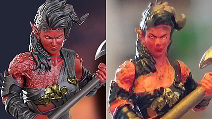 A comparison between the advertised and delivered versions of WizKids' Karlch mini, as featured in their 'Baldur's Gate 3' set of 'Dungeons & Dragons minis