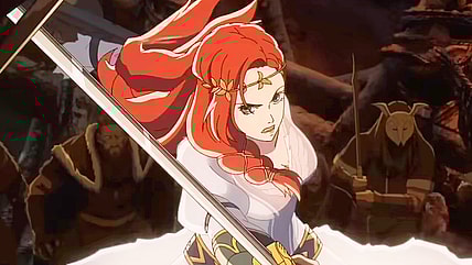 Hèra (Gaia Wise) crosses blades with Wulf (Luca Pasqualino) in The Lord of the Rings: The War of the Rohirrim (2024), Warner Bros. Animation