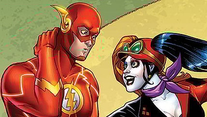 The Flash is unsure whether Harley Quinn's Cheetah-powered chariot can keep up with him on Amanda Conner and Paul Mount's variant cover to The Flash Vol. 4 #39 "Power Loss" (2015), DC