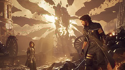 Gustave (Maxence Cazorla) and Lune (Estelle Darnault) stand before the monolith in Clair Obscur: Expedition 33 (2025), Kepler Interactive