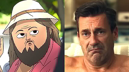 Marshall Cuso (Dave King) demonstrating the healing power of the Mushroom Cure to Frances Applewhite (Emily Pendergast) in Common Side Effects Season 1 Episode 1 "Pilot" (2025), Adult Swim / Coop (John Hamm) in a hot tub just before being told he is fired in Your Friends & Neighbors Season 1 Episode 1 "This Is What Happens" (2025), Apple TV+