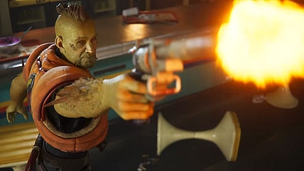 Lennox (Derek Phillips) shoots a bottle out of the air in Concord (2024), Sony Interactive Entertainment