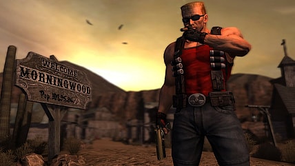 Duke Nukem (Jon St. John) smokes next to a sign for Morningwood in Duke Nukem Forever (2011), 2K