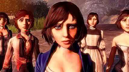 A crowd of Elizabeths (Courtnee Draper) force Booker (Troy Baker) to confront himself in BioShock Infinite (2013), 2K Games