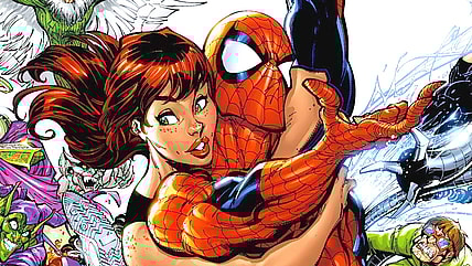 Spider-Man and Mary-Jane swing away from their troubles on J. Scott Campbell's cover to Amazing Spider-Man Vol. 1 #500 "Happy Birthday, Part Three" (2003), Marvel Comics