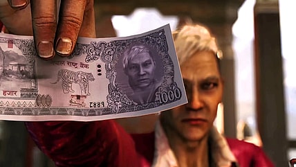 Pagan Min (Troy Baker) flashing cash with his face on it in Far Cry 4 (2014), Ubisoft.