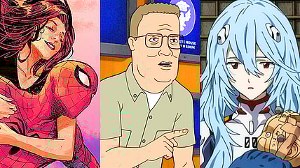 Mary-Jane and Peter take to the skies of New York City in Ultimate Spider-Man Vol. 1 #1 (2024), Marvel Comics. Words by Jonathan Hickman, art by Marco Checchetto, Matthew Wilson, and Cory Petit. / Hank Hill (Mike Judge) has no time for 'Obama Birth Certifcate' nonsense in King of the Hill Season 14 Episode 3 "Chore Money Chore Problems" (2025), Disney/Hulu / Rei Ayanami (Megumi Hayashibara) is happy with non-existence in 3.0+1.0 Thrice Upon a Time (2021), Studio Khara