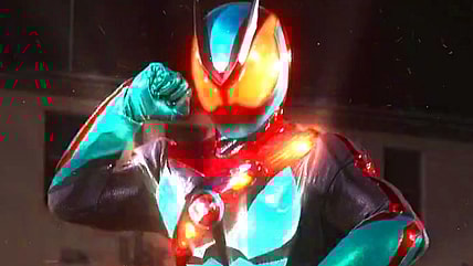 Baku Yorozu (Ryutaro Imai) prepares to unleash a Rider Kick upon the Gun Nightmare (Satoshi Tsuruoka) in Kamen Rider Zeztz Case 1 "Start" (2025), Toei Co. Ltd.