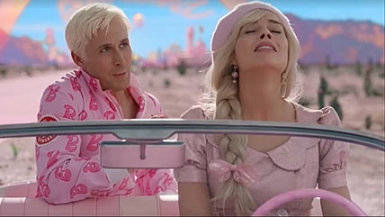 Ken (Ryan Gosling) and Barbie (Margot Robbie) in Barbie's car in Barbie 2023, Warner Bros