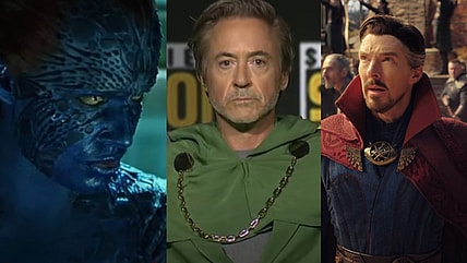 L to R: Mystique (Rebecca Romijn) Imitates Richard Nixon to access classified computer files in X-Men Apocalypse, 20th Century Studios, Robert Downey Jr. Revealed as Dr. Doom at Comic Con 2024, Screenshot via Attractions Magazine, Youtube, Doctor Strange (Benedict Cumberbatch) checks in on America's (Xochitl Gomez) training at Kamar-Taj in Doctor Strange in the Multiverse of Madness (2022), Marvel Entertainment