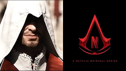 Ezio Auditore (Roger Craig Smith) makes Cesare Borgia (Andreas Apergis) know that he is not alone in Assassin's Creed: Brotherhood (2010), Ubisoft: A logo of Netflix's Assassin's Creed Live-Action Series