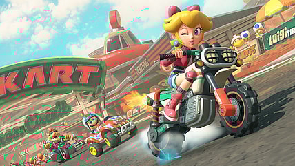 Princess Peach (Courtney Lin) charges ahead on a bike in Mario Kart World (2025), Nintendo