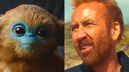 Ochi gives Yuri (Helena Zengel) a concerned look in The Legend of Ochi (2025), AGBO / The Surfer (Nicolas Cage) gets in trouble with some of the locals in The Surfer (2025), Saturn Films