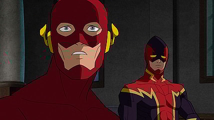 The Flash (Matt Bomer) makes the acquaintance of Johnny Quick (Liam McIntyre) in Justice League: Crisis on Infinite Earths - Part One (2024), Warner Bros. Animation