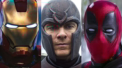 Iron Man (Robert Downey Jr.) confronts Justin Hammer (Sam Rockwell) in Iron Man 2 (2010), Marvel Studios | Magneto (Michael Fassbender) commands his own legion of Sentinels in X-Men: Days of Future Past (2014), 20th Century Fox | Deadpool (Ryan Reynolds) wears Wolverine's (Hugh Jackman) Adamantium claws in Deadpool & Wolverine (2024), Marvel Studios