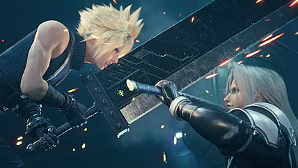 Cloud Strife (Takahiro Sakurai) and Sephiroth (Toshiyuki Morikawa) clash in Final Fantasy VII Remake (2021), Square Enix