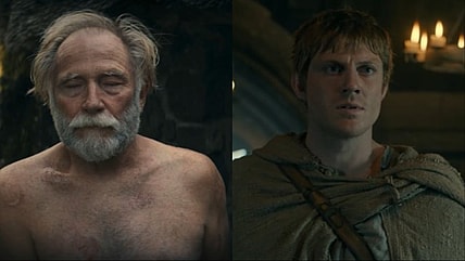 Ser Arlan of Pennytree (Danny Webb) relieving himself outside a brothel in A Knight of the Seven Kingdoms s01e02, 2026, HBO: Duncan the Tall (Peter Claffey) speaking to Baelor Targaryen (Bertie Carvel) in A Knight of the Seven Kingdoms S01E03, 2026, HBO