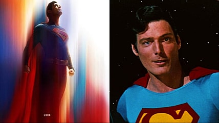Superman (David Corenswet) in a Motion Video on by James Gunn on Instagram and Superman (Christopher Reeve) saving astronaut in Superman III, DC Studios