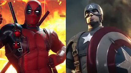 Deadpool as depicted in Marvel's Midnight Suns (2022), Firaxis: Captain America (Chris Evans) holding his shield during a battle in Captain America: Super Soldier, 2011, Sega/Marvel Entertainment