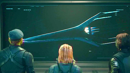 John (Wyatt Russell), Yelena (Florence Pugh), and Bucky bear witness to the arrival of the Fantastic Four in Thunderbolts (2025), Marvel Entertainment