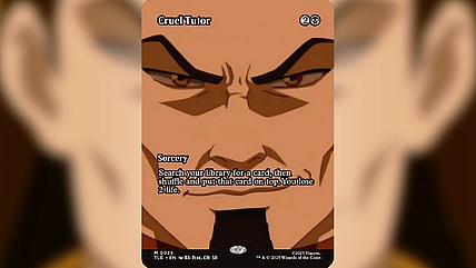 Fire Lord Ozai (Mark Hamill) smiles as everything goes according to keikaku via Cruel Tutor (Card #024), Magic: The Gathering - Avatar: The Last Airbender Eternal (2025), Wizards of the Coast. Art by Viacom.
