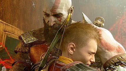 Kratos (Christopher Judge) says good-bye to his son Atreus (Sunny Suljic) as he sets off on his own in God of War Ragnarök (2022), Santa Monica Studio