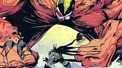 Bane flies into a blind, venom-fueled rage against The Caped Crusader in Absolute Batman Vol. 1 #15 "Abomination, Conclusion" (2025), DC. Words by Scott Snyder, art by Nick Dragotta, Frank Martin, and Clayton Cowles.