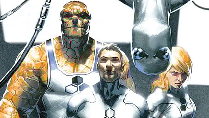 The Thing, Mr. Fantastic, Spider-Man, and The Invisible Woman assemble as the Future Foundation on Gabriele Dell'Otto's variant cover to FF Vol. 1 #12 "All Hope Lies in Doom, Part 1: Too Many Kids" (2011), Marvel Comics. Words by Jonathan Hickman, art by Juan Bobillo, Marcelo Sosa, Chris Sotomayor, and Clayton Cowles.