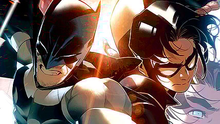 Bruce Wayne and Damian leap into action against The Cult of Man-Bat on Simone Di Meo's cover to Batman and Robin Vol. 3 #9 "Cool Kids Trouble" (2024), DC