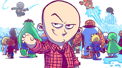 Brian Michael Bendis drops the mic on his Earth-616 and Earth-1610 careers on Skottie Young's variant cover to Ultimate End Vol. 1 #1 (2015), Marvel Comics