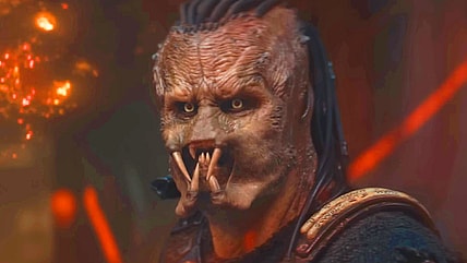 Dek (Dimitrius Schuster-Koloamatangi) vows to emerge victorious from his next hunt in Predator: Badlands (2025), 20th Century Studios