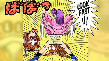 Bulma gives Master Roshi a little more than he bargained for in Dragon Ball Chapter 4 "They Call Him...the Turtle Hermit!" (1984), Shueisha. Words and art by Akira Toriyama.