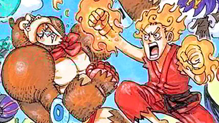 Frankie, as Donkey Kong, throws down with Luffy, as Ken Masters, on Eiichiro Oda's color spread to One Piece Chapter 1028 "Brachiojaurus" (2023), Shueisha