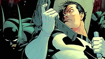 The Punisher finds himself cornered by the Absolute Batman on Nick Dragotta's variant cover to Batman/Deadpool Vol. 1 #1 (2025), DC/Marvel Comics