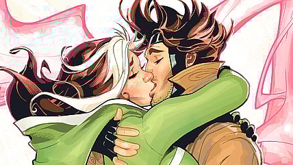 Rogue and Gambit share a kiss on Terry and Rachel Dodson's cover to Mr. and Mrs. X Vol. 1 #12 "The Lady & The Tiger, Part One" (2019), Marvel Comics