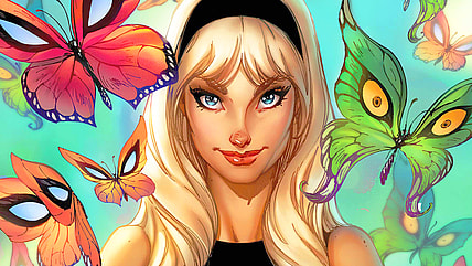 Gwen Stacy finds herself beset by some familiar-looking butterflies on J. Scott Campbell's variant cover to Gwen Stacy Vol. 1 #1 (2020), Marvel Comics.
